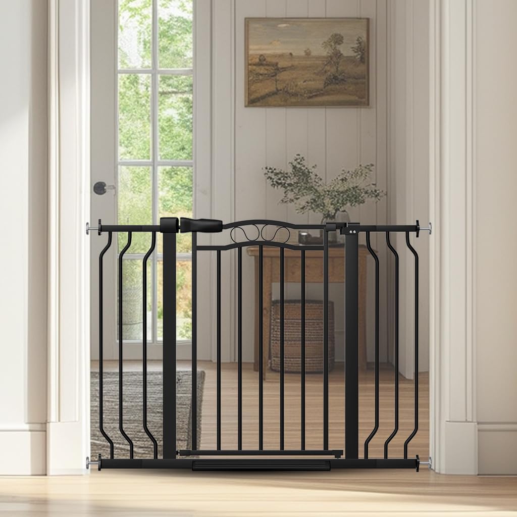 29.53"-43.30" Mornyray Auto-Close Baby Gate Extra Wide, Pressure Mounted Dog & Pet Gate for Stairs Doorways, No Drill Safety Barrier with Lace Design, Metal Child Proof Gate Indoor Outdoor, Black
