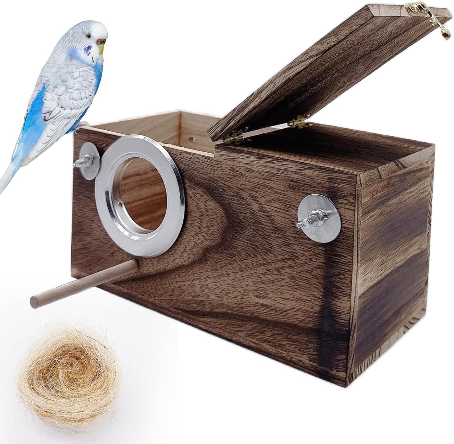 kathson Parrots Nesting Box Parakeet Nest House for Cage Budgie Breeding Hut with Coconut Fiber Bedding Wooden Bird Mating Box for Lovebirds Budgie Conure and Small Medium Parrot Birds