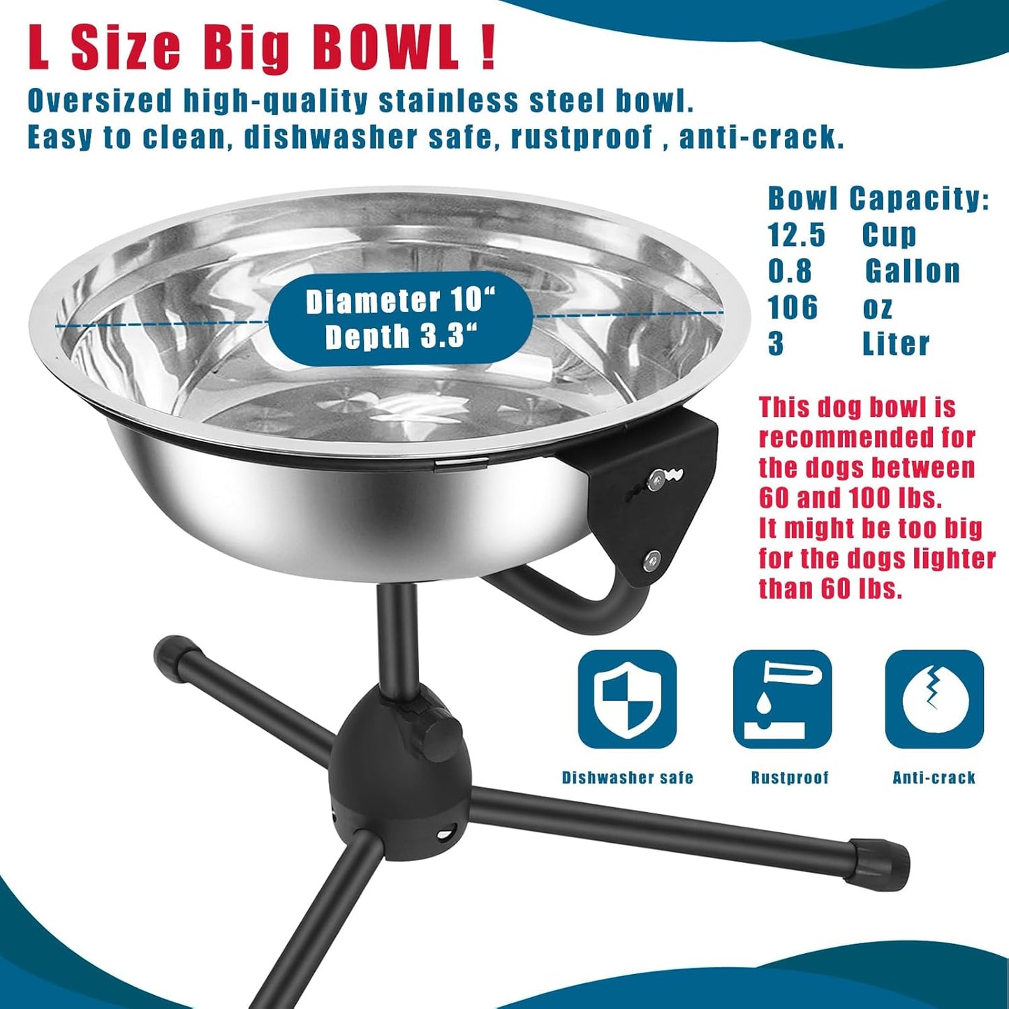 2 Pack Elevated Dog Bowls with Adjustable Metal Stand,Large Size for Dogs Between 60 and 100 lbs, 0.8 Gal 3 Liter,Stainless Steel Dog Food Water Bowl,Height Adjustable Non-Slip Raised Dog Bowl Set