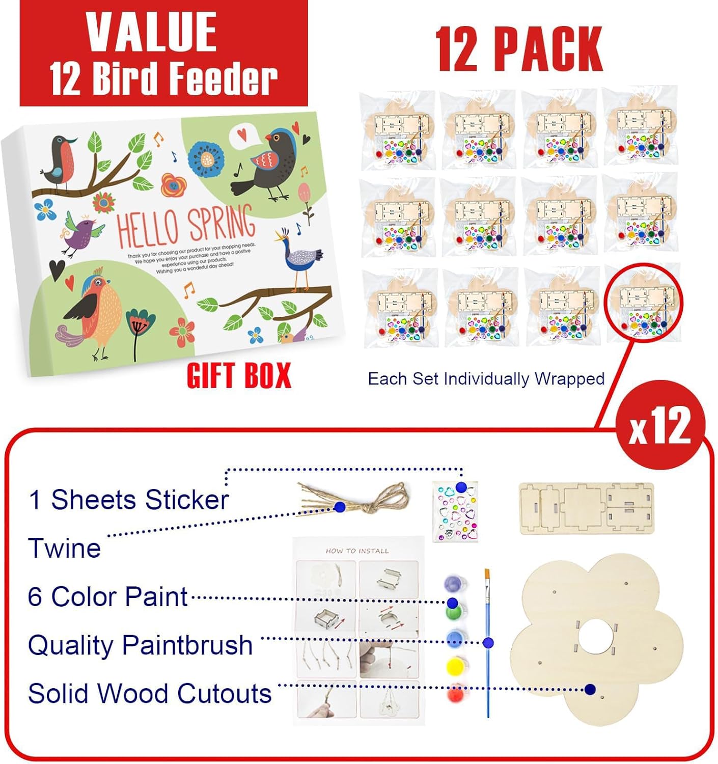 12 Pack Bird Feeder Craft Kits for Kids Ages 3-5 4-8 8-12, DIY Wooden Art Painting Outdoor Bulk Toys for Boys & Girls, Easter Christmas Gifts, Party Favor Gifts for Nature Loving Children