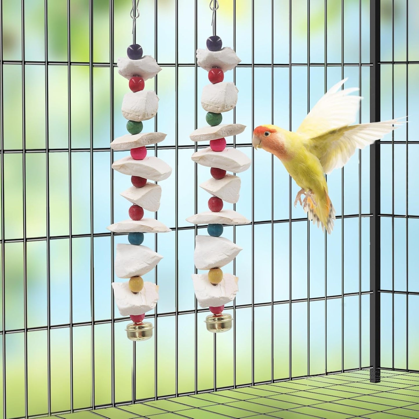 2 Pack Bird Toys with Cuttlebone, Parakeet Toys, Bird Beak Grinding Stone, Cage Accessories for Parakeets, Cuttlefish Bone for Budgies, Cockatiels, Lovebirds, Green Cheeks, Small to Medium Birds