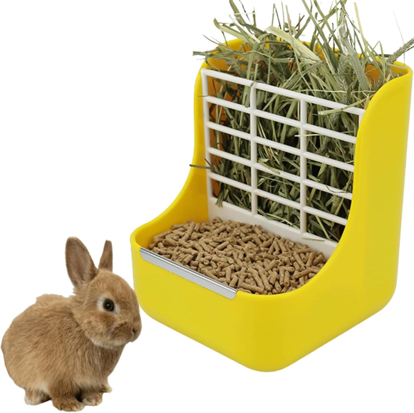 2 in 1 Food Hay Feeder for Guinea Pig, Rabbit Feeder, Indoor Hay Feeder for Guinea Pig, Rabbit, Chinchilla, Feed Bowls Use for Grass & Food (Yellow)