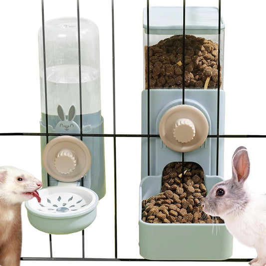 kathson Hanging Automatic Rabbit Pet Food and Water Dispenser, Auto Gravity Bunny Feeders for Cages, Detachable Self-Feeding Feeder and Waterer Set for Ferrets Chinchilla Hedgehog (Light Blue)