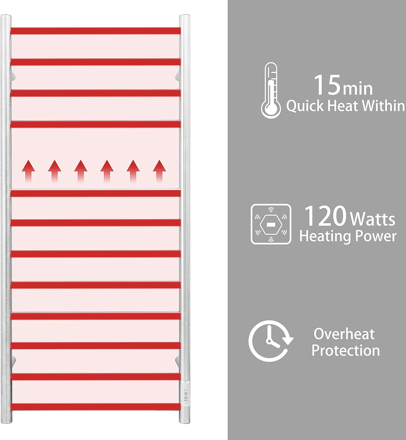 KEG Towel Warmer Wall Mounted with Built-in Timer 12 Bars Electric Stainless Steel Heated Towel Racks for Bathroom, Hot Plug-in Bath Towel Heater Brushed Nickel