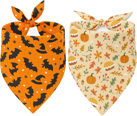 2 Pack Halloween Dog Bandanas Thanksgiving Bandanas Pumpkin Design Reversible Holiday Dog Scarf, Triangle Halloween Bandana for Small Medium Large Dogs Pets
