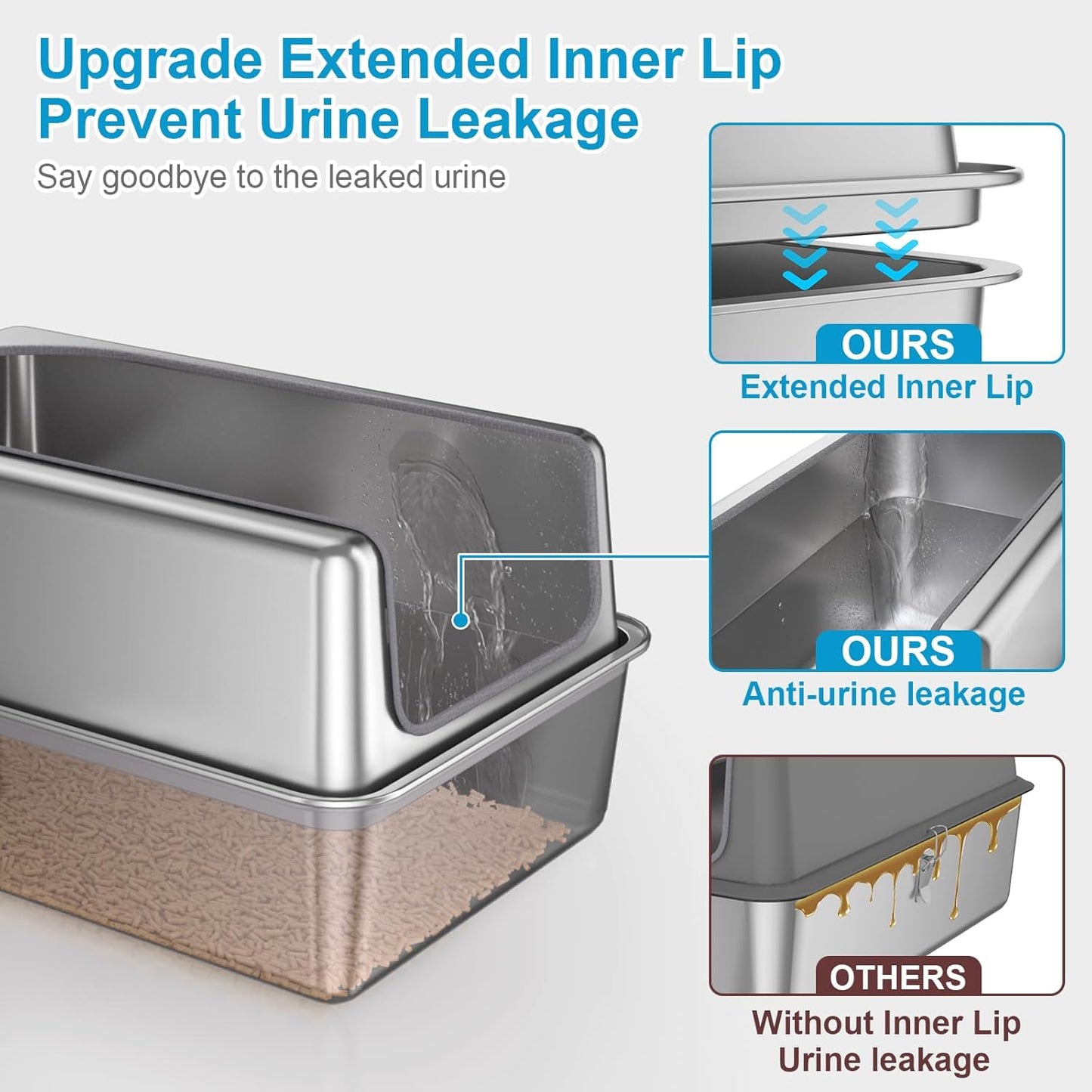 12'' High Sides XL All Stainless Steel Cat Litter Box with Lid,Deep Metal Litter Box for Big Cats,Extra Large Litter Boxes with High Wall Enclosure,Anti-Leakage,Never Absorbs Odors,Non-Sticky Surface