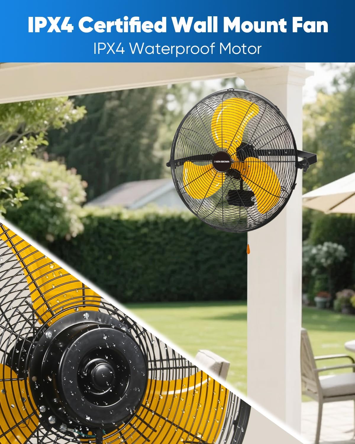 KEN BROWN 20 Inch Outdoor Wall Mount Fan, 3-speed IPX4 Waterproof, Max. 4,650 CFM Wall Mounted Fan for Outdoor, Commercial, Residential, Greenhouse, Workshop, Patio, Black, ETL Listed