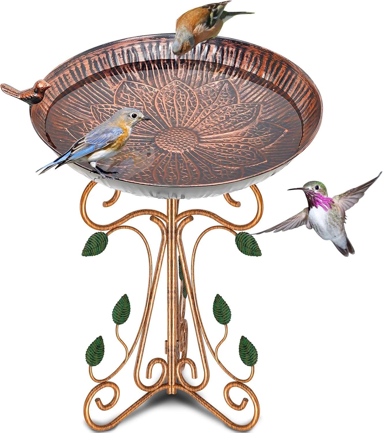 13" Diameter Vintage Metal Bird Bath, Birdbaths with Cast Iron Pedestal, Large Antique Bird Feeder for Outdoors Garden Patio Decor (Copper Lotus)
