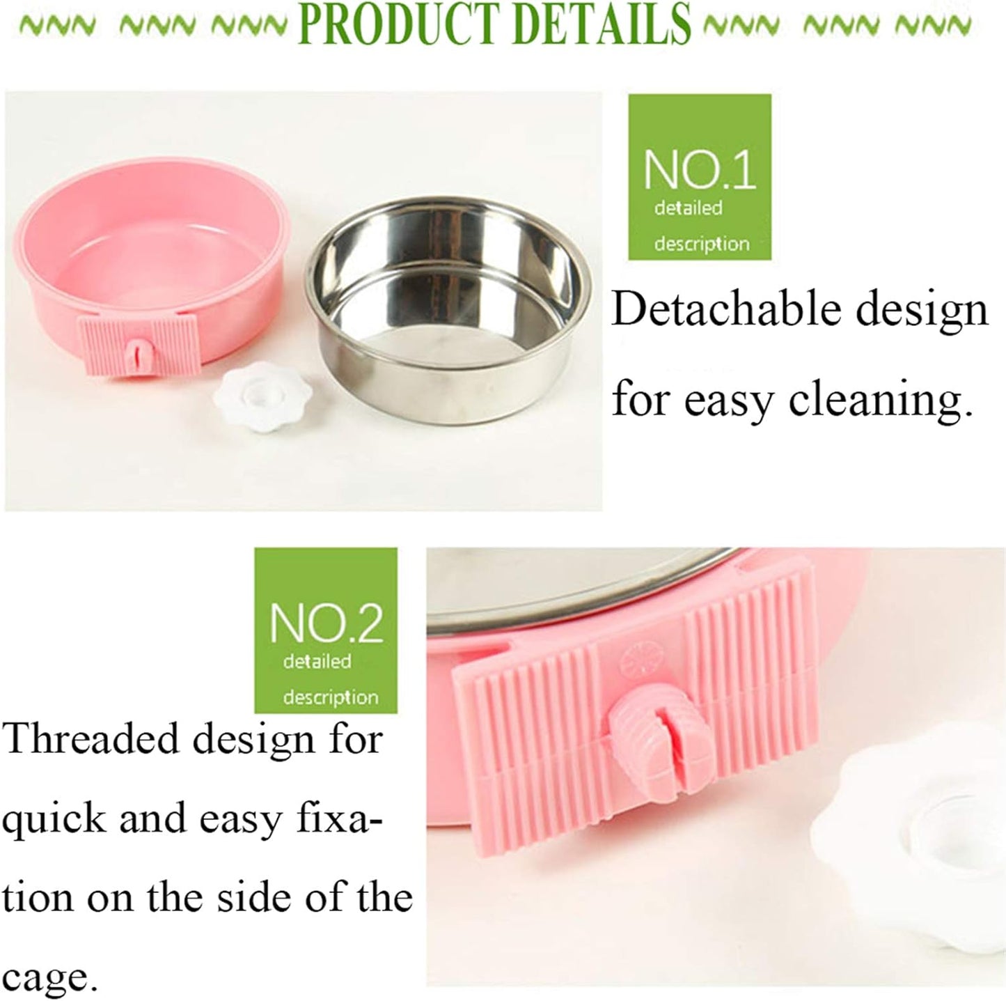 kathson Crate Dog Bowl, Removable Stainless Steel Hanging Pet Cage Bowl Food & Water Feeder Coop Cup for Cat, Puppy, Birds, Rats, Guinea Pigs 3pcs(Blue,Green,Pink)