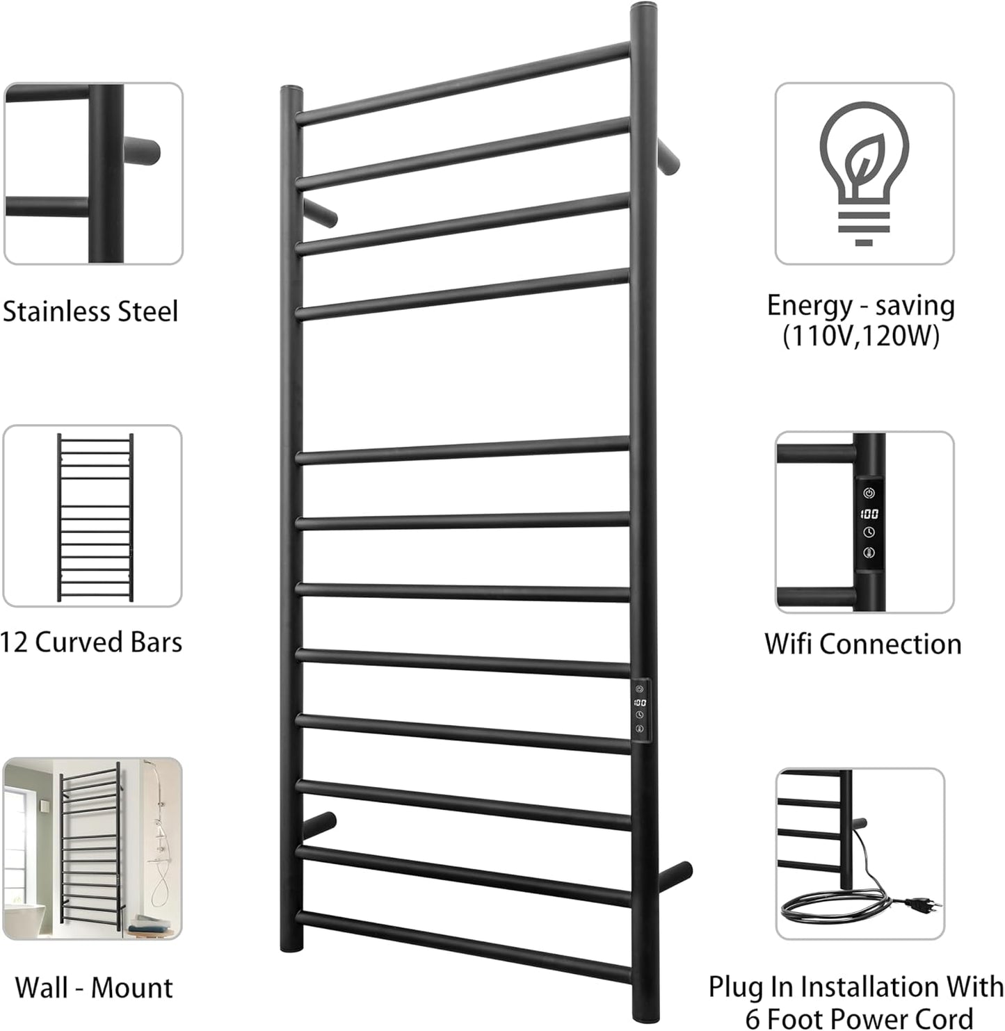 KEG Smart WiFi Towel Warmer Wall Mounted with Built-in Timer and Temperature Adjust Control, 12 Bars Electric Stainless Steel Heated Towel Racks for Bathroom Black