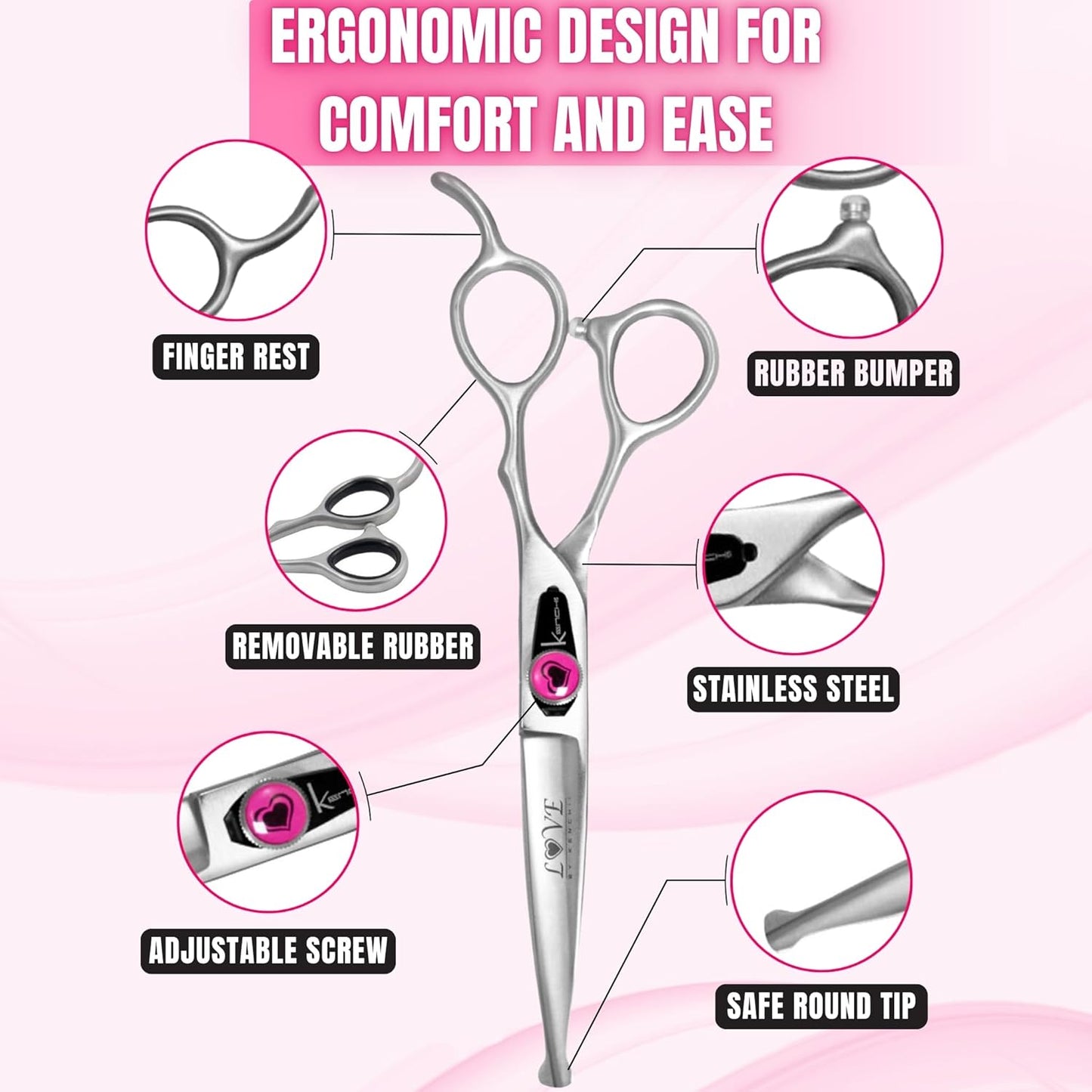Kenchii Love Dog Grooming Scissors, 6.5 Inch Straight Balltip Shears, Dog Scissors for Grooming, Professional Pet Grooming Scissors, Safety Round Tip Shears
