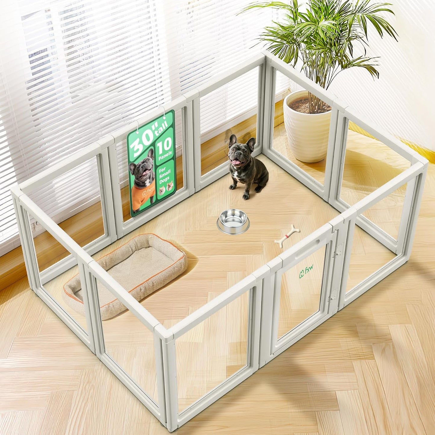 FXW AuraSpace Acrylic Indoor Unleashed Dog Playpen for Small and Medium Dogs, 30 Inch, 10 Panels, White