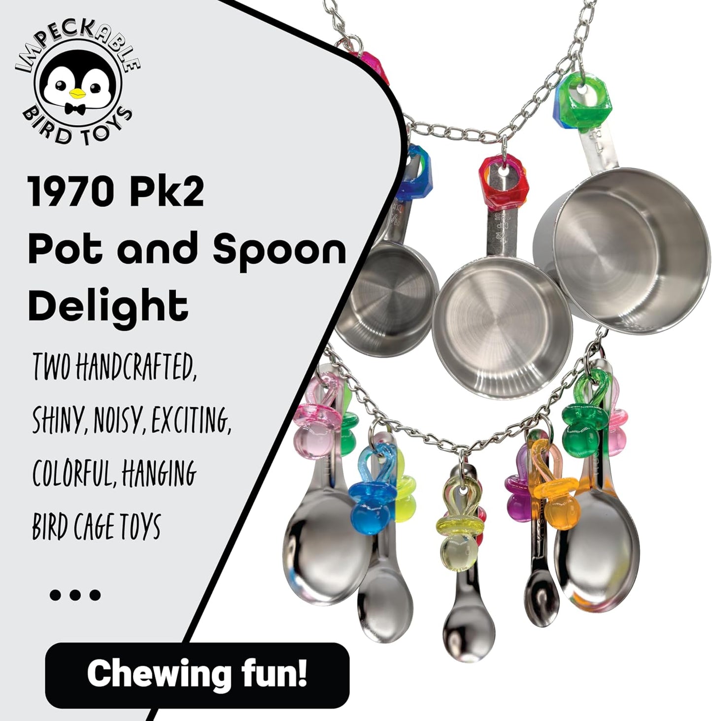 1970 Pk2 Pot and Spoon Delight Features Shiny pots and Spoons with Acrylic Rings and Pacifiers, Handcrafted for African Greys Amazons Macaws