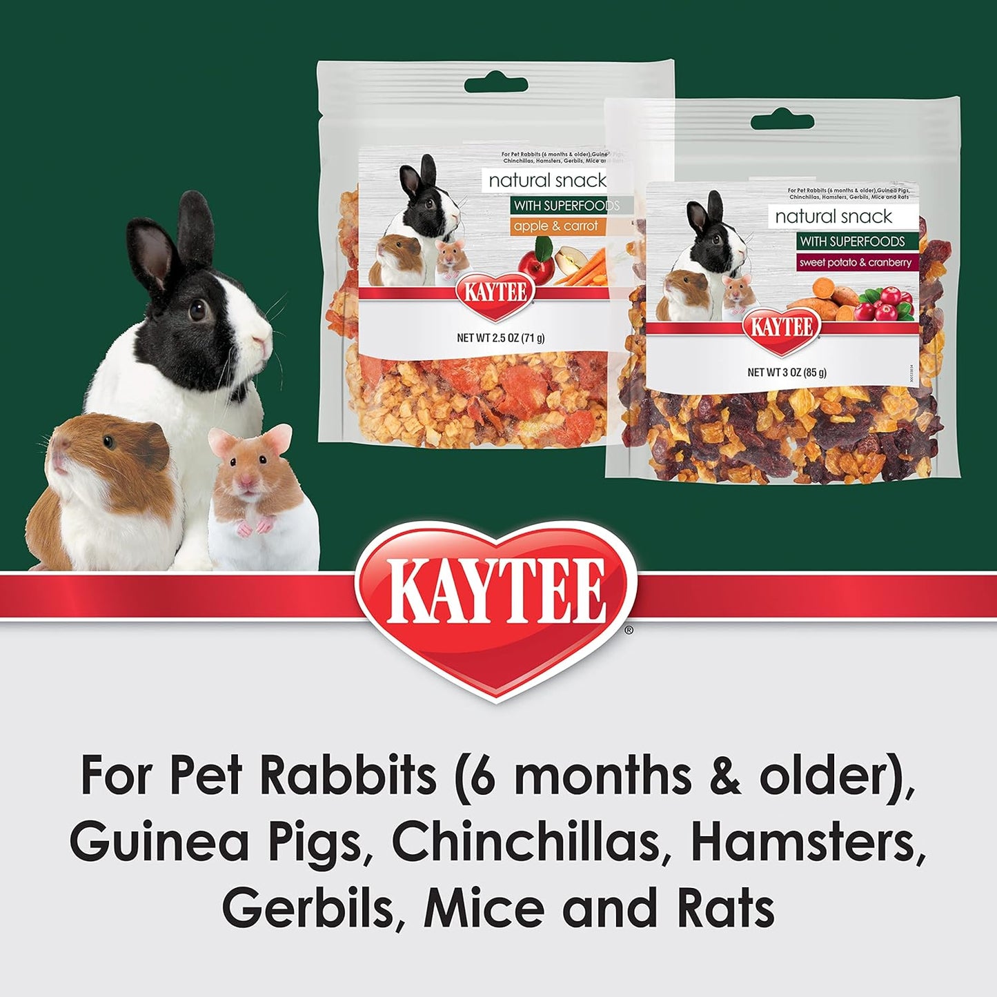 Kaytee Natural Snack with Superfoods For Pet Guinea Pigs, Rabbits, Hamsters, and Other Small Animals, Apple & Carrot, 2.5 Ounces