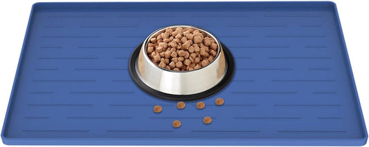 18" x 12" Dog Food Mat, Silicone Pet Mats for Food and Water, Nonslip Pet Feeding Mats for Floors, Dog Cat Bowl Mat with Raised Edges, Lake Blue