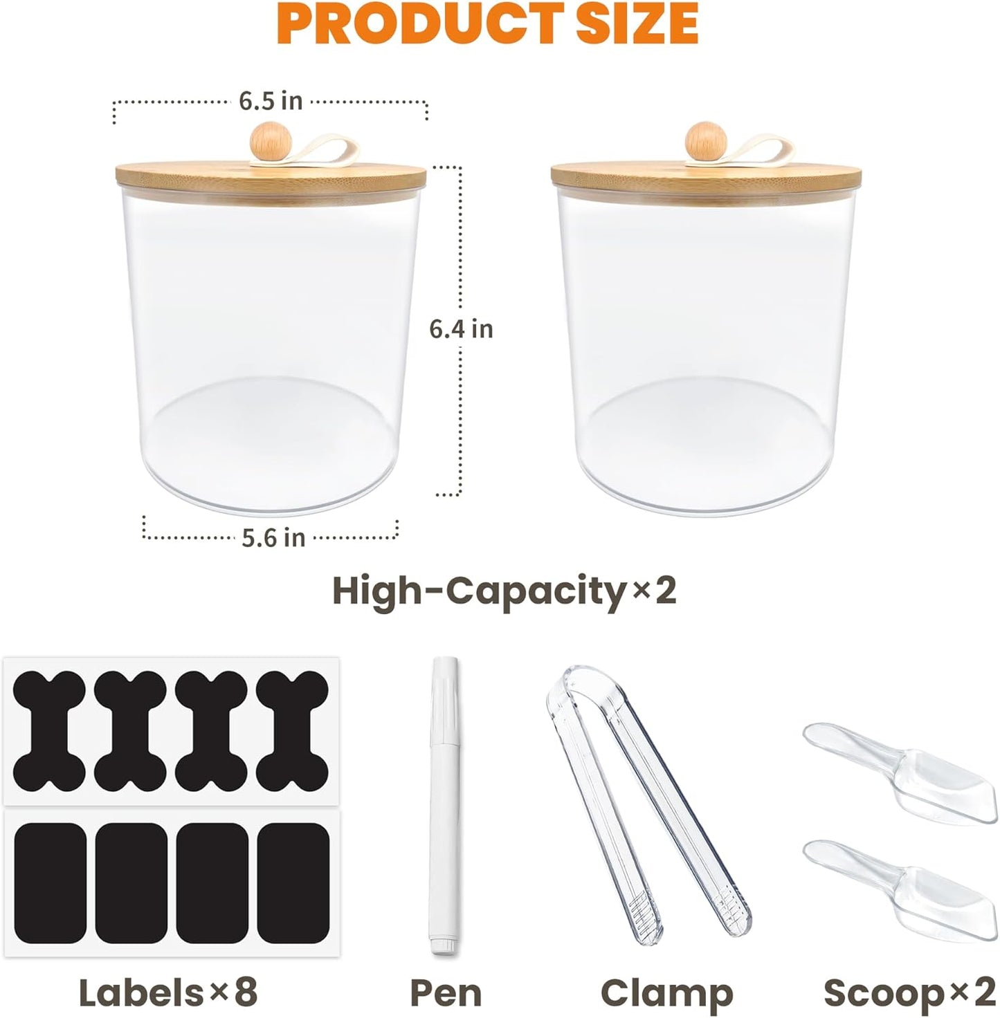 2 Pack Airtight Dog Food Storage Container, Dog Treat Container Dog Food Container with bamboo Lids 6x5'',Pet Food Storage Container,Cat Food Container with Scoops,Clamp,Labels,Pen