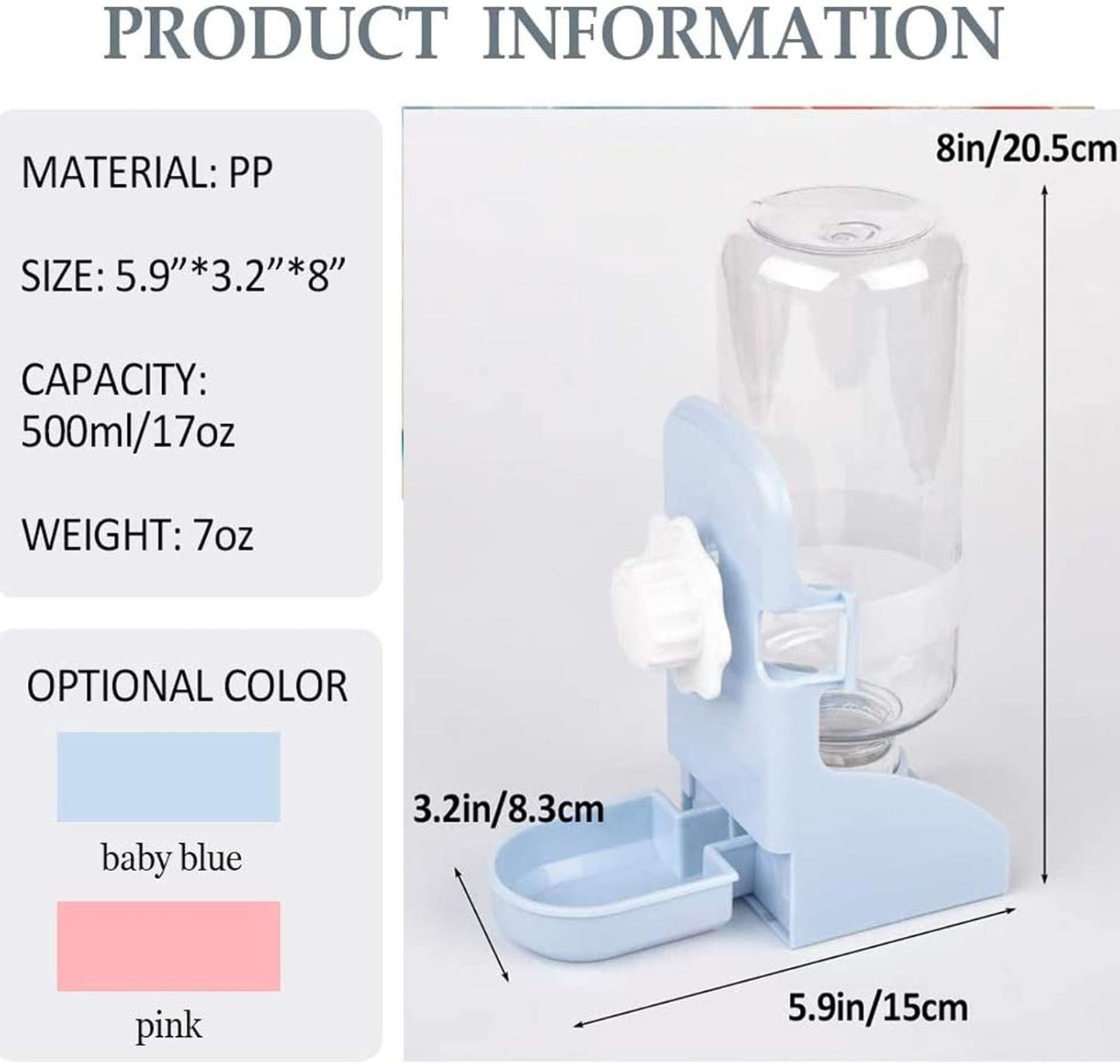 kathson Rabbit Water Bottle, 17oz Hanging Water Fountain Automatic Dispenser No Leak WaterFeeder for Bunny Chinchilla Guinea Pig Hedgehog Ferret