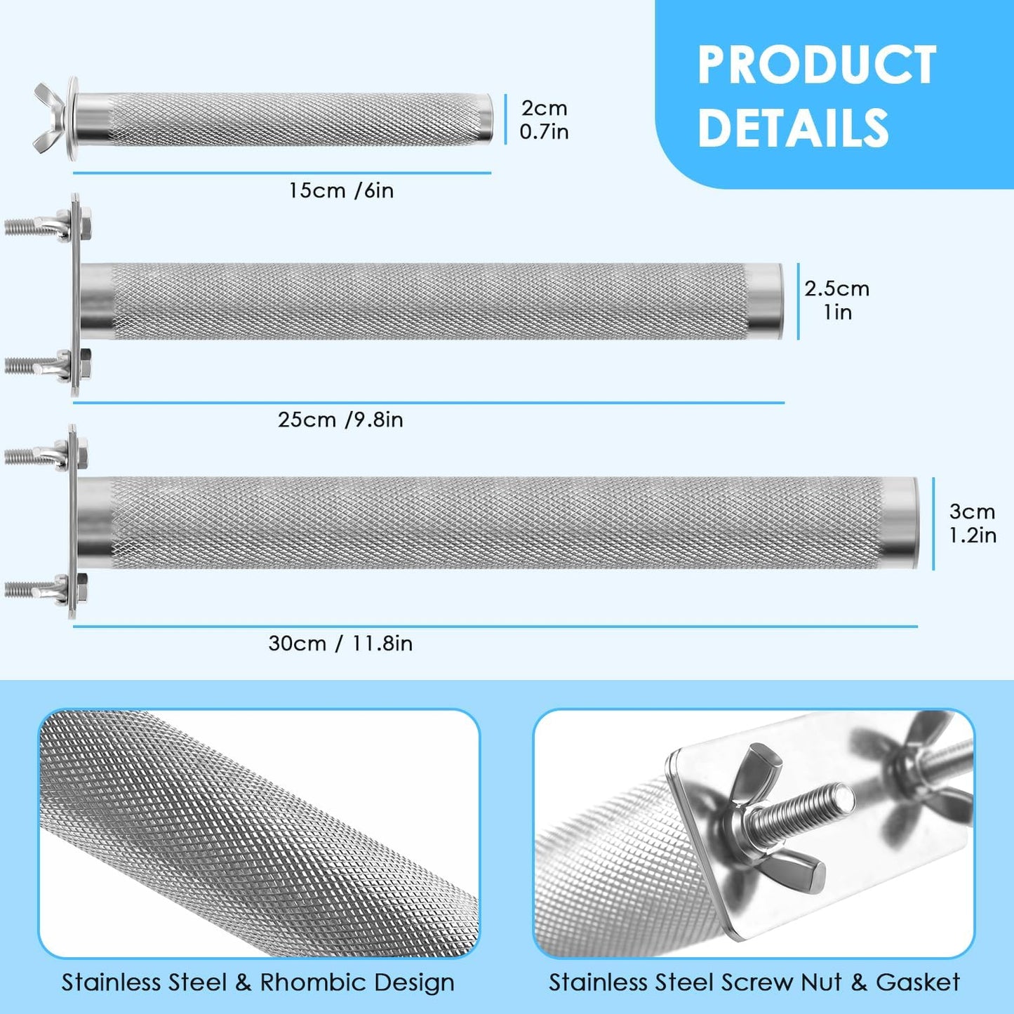 KATUMO Conure Perch - Stainless Steel Bird Stand Rough-surfaced Branch for Small Birds (6 x 0.7 inch)
