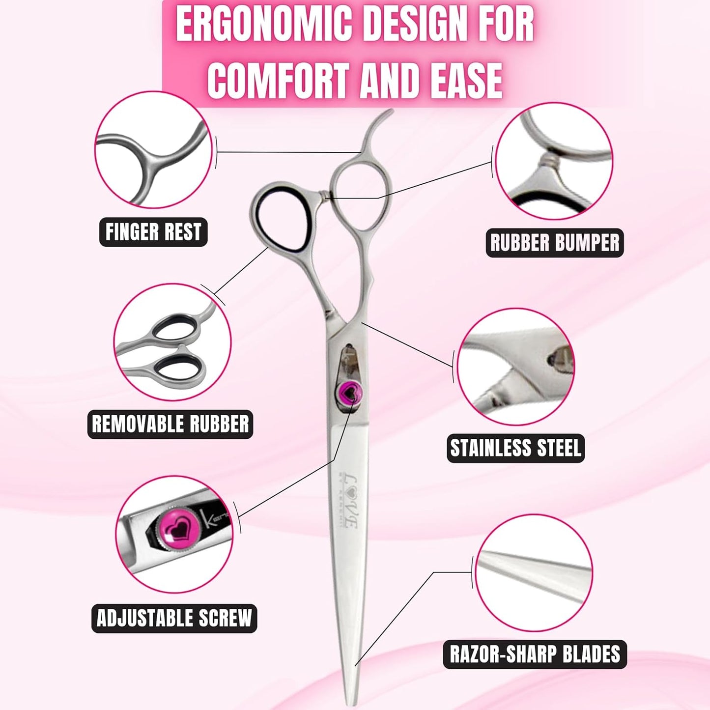 Kenchii Love Left Handed Dog Grooming Scissors, 8 Inch Straight Shears, Dog Scissors for Grooming, Professional Pet Grooming Scissors, Ergonomic & Comfortable