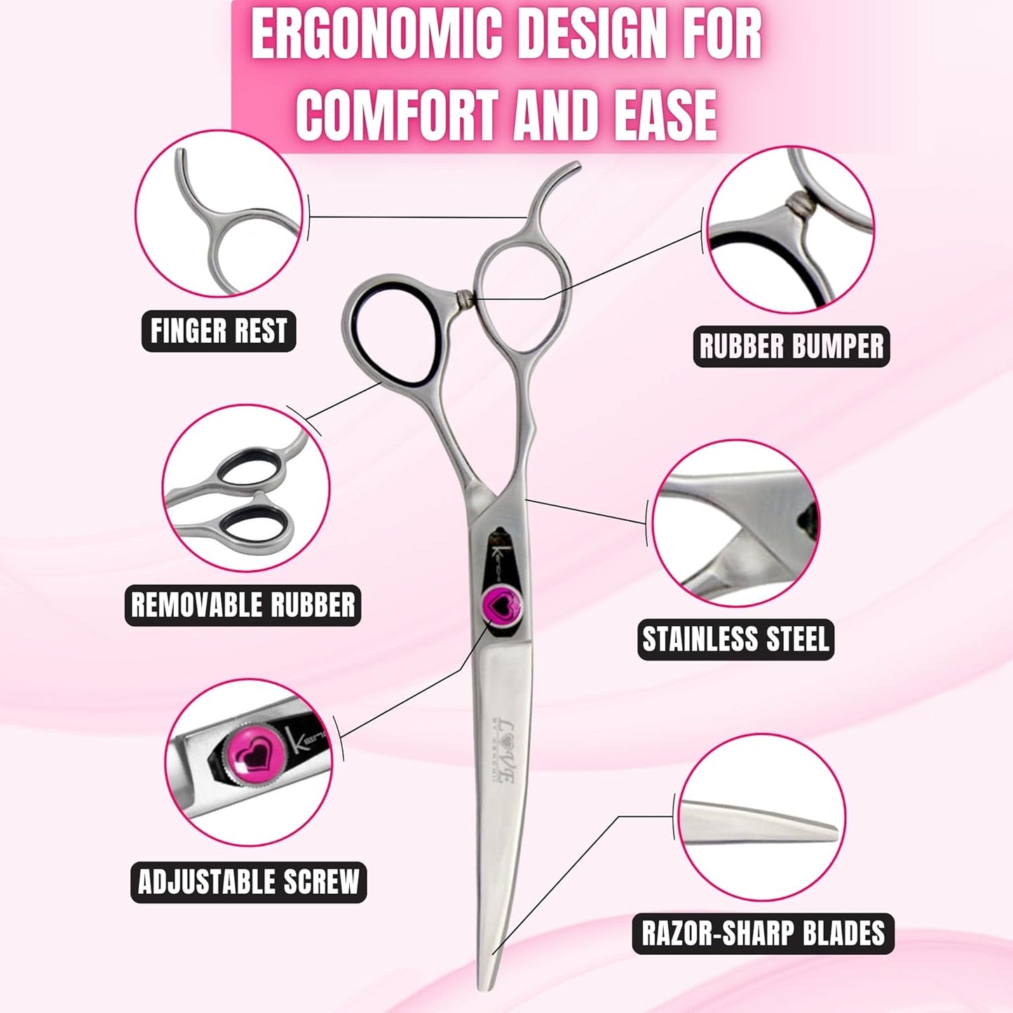 Kenchii Love Left Handed Dog Grooming Scissors, 7 Inch Curved Shears, Dog Scissors for Grooming, Professional Pet Grooming Scissors, Ergonomic & Comfortable