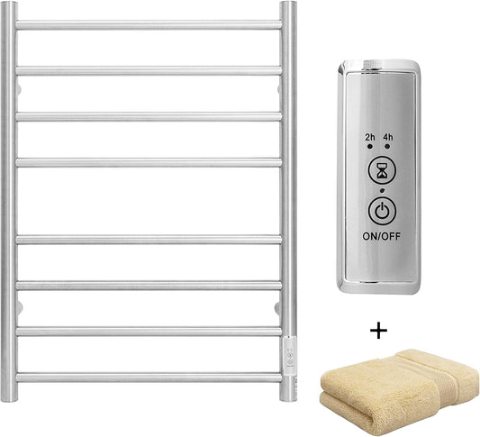 KEG Towel Warmer Wall Mounted with Built-in Timer 8 Bars Electric Stainless Steel Heated Towel Racks for Bathroom, Hot Plug-in Bath Towel Heater Brushed Nickel (TW-8-BN)