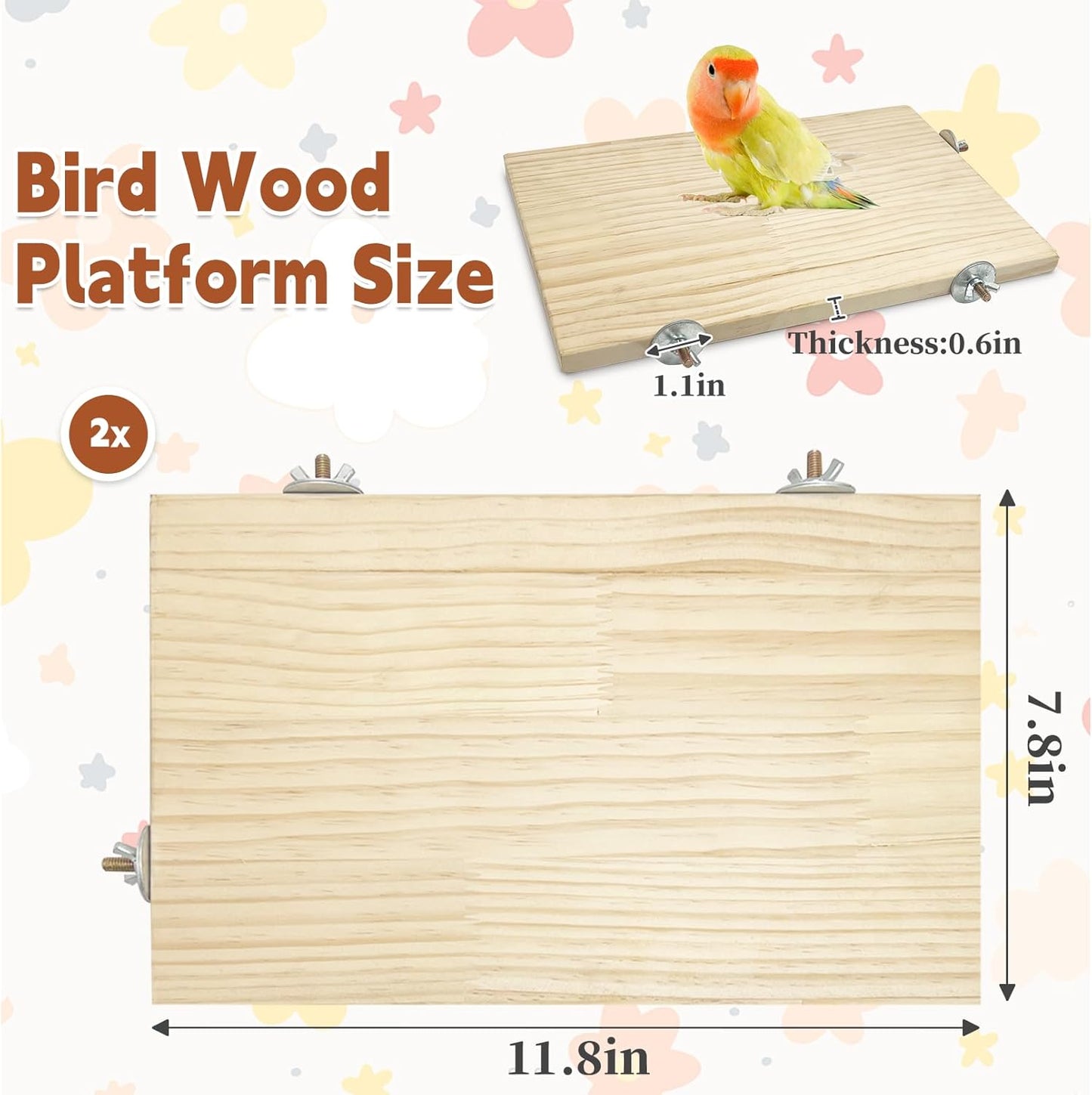 kathson 11.8 x 7.8 Inches Large Bird Perch, 2 PCS Natural Wooden Parrot Stand Platform, Parakeet Rectangle Stand Perch Shelf, Cockatiel Corner Shelf for Conure Budgie Cockatoo Macaw African Grey