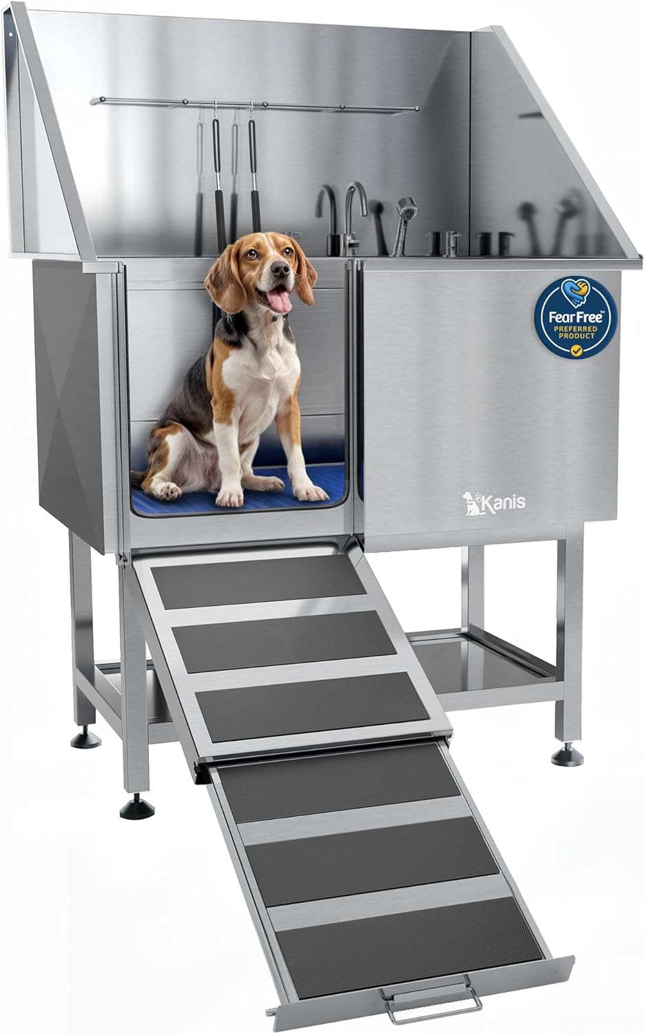KANIS Professional Dog Washing Station - 304 Stainless Steel Pet Wash Sink & Grooming Bath Tub for Home with Ramp, Shower, Floor Grate, Storage Shelf, Faucet, Drain Kit for Large, Medium & Small Pets