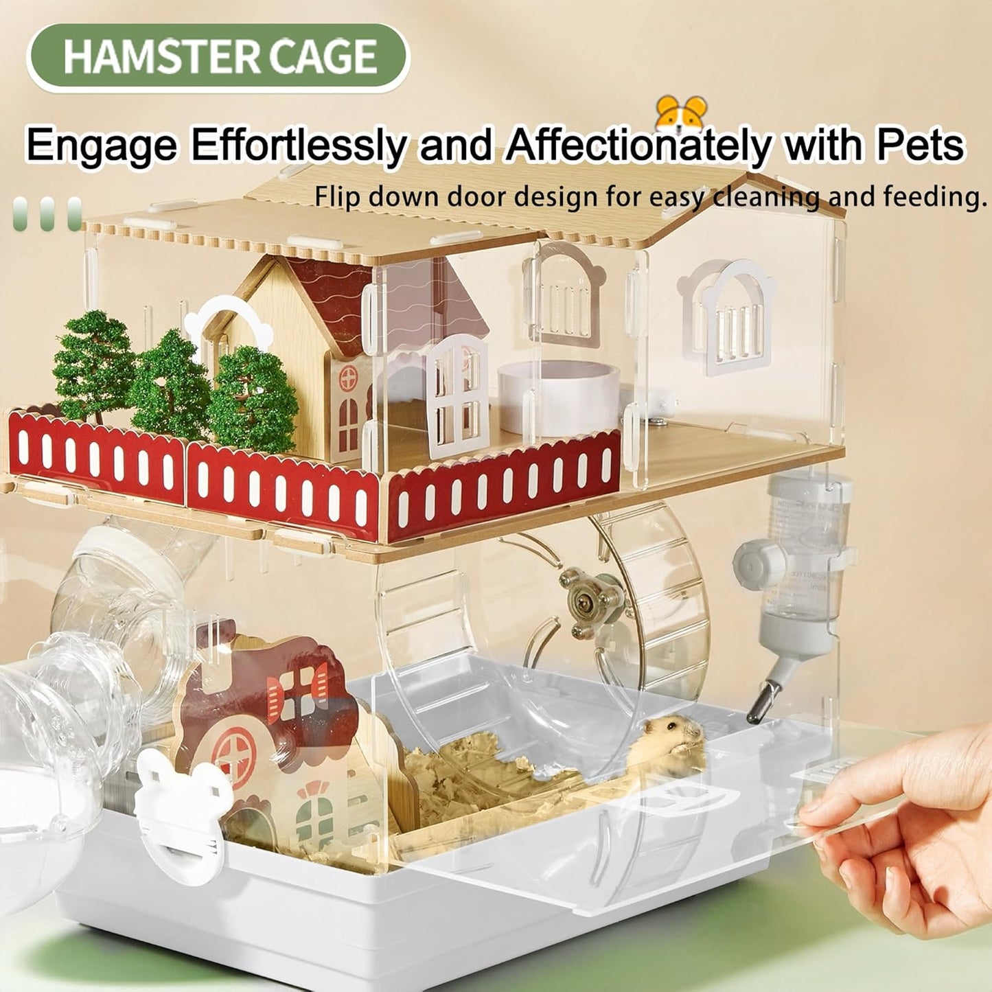 12 in 1 Clear Acrylic Hamster Cage with All Accessories,13.5''L* 10''W* 15''H Dwarf Hamster Cage,Magnetic Connection Small Hamster Enclosure,Garden Style Wooden Mouse Cage for Pet Mice(2-Layer,White)