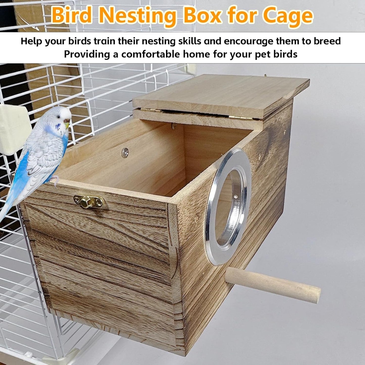 kathson Parrots Nesting Box Parakeet Nest House for Cage Budgie Breeding Hut with Coconut Fiber Bedding Wooden Bird Mating Box for Lovebirds Budgie Conure Cockatoo Cockatiel and Small Medium Parrots