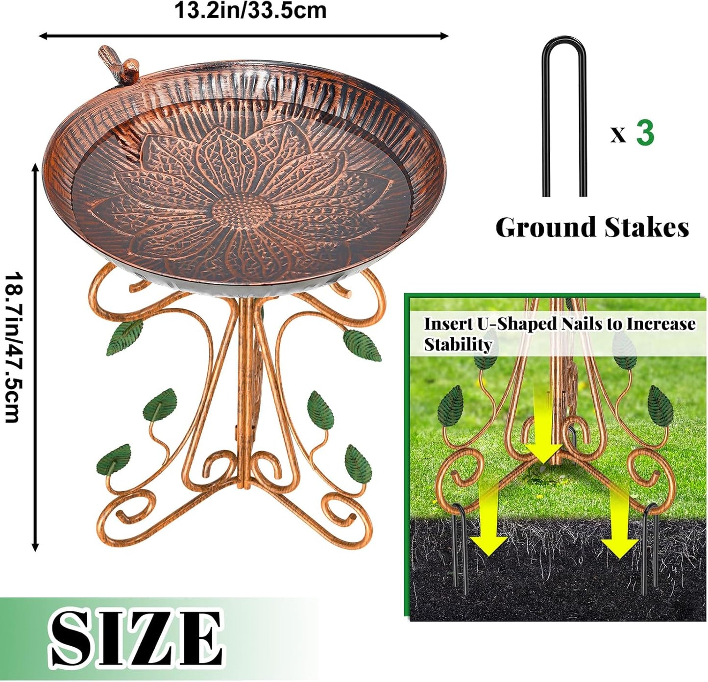13" Diameter Vintage Metal Bird Bath, Birdbaths with Cast Iron Pedestal, Large Antique Bird Feeder for Outdoors Garden Patio Decor (Copper Lotus)