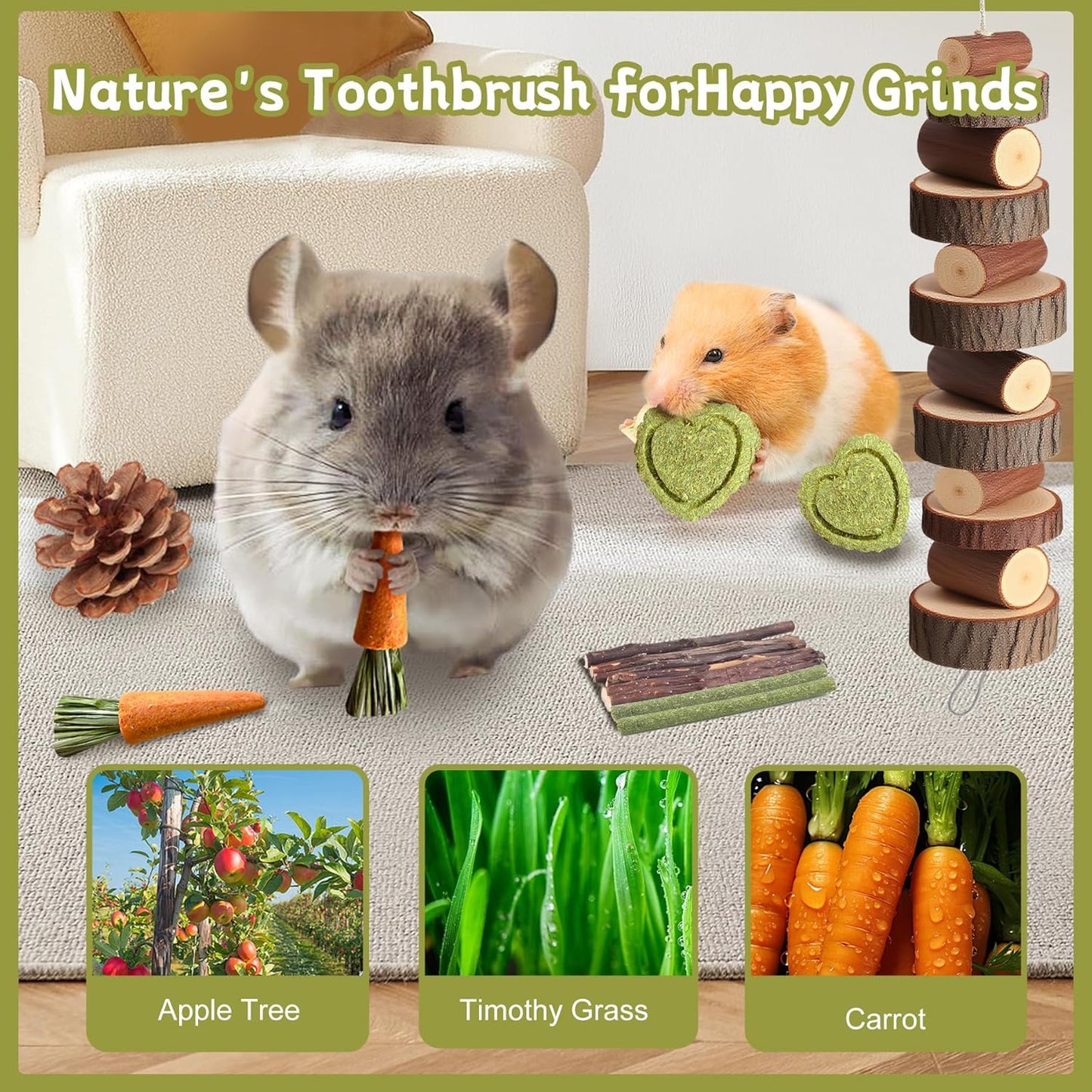 18 PCS Hamster Chew Toys Set, Natural Apple Wood Guinea Pig Toys, Hamster Cage Accessories Include Bridge, Seesaw, Carrot, Timothy Straw Stick Dental Care for Rat Gerbil Chinchilla Rabbits