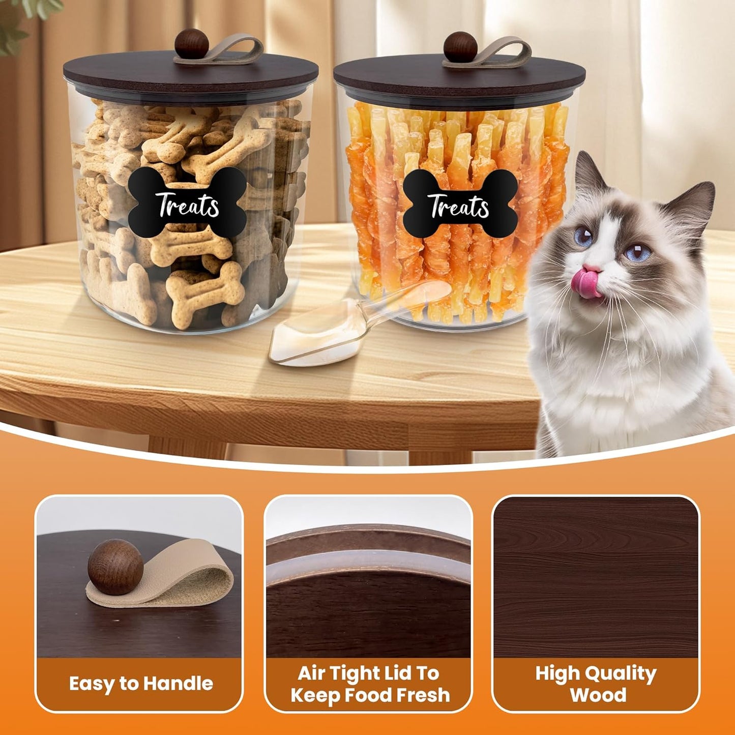 2 Pack Airtight Dog Food Storage Container,Dog Treat Container Dog Treat Jar with Wood Lids 6x5'',Pet Food Storage Container,Cat Food Container with Scoops,Food Tong,Labels,Pen