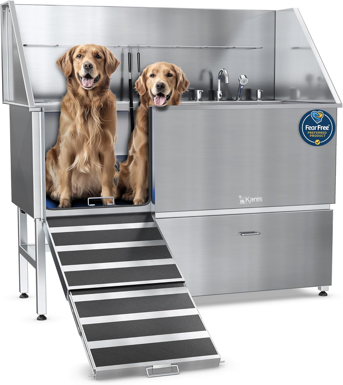 KANIS Professional Dog Washing Station - 304 Stainless Steel Pet Wash Sink & Grooming Bath Tub for Home with Ramp, Shower, Floor Grate, Storage Drawer, Faucet, Drain Kit for Large, Medium & Small Pets